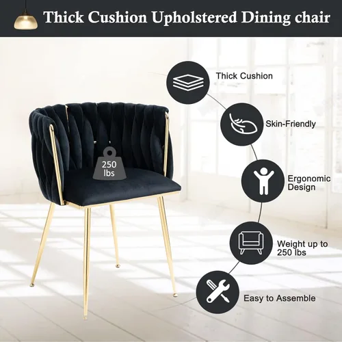 Miniatura 9 de NIOIIKIT Sillas de Comedor Modernas de Terciopelo Sillas de Acento Tejidas a Mano Sillas de Sala de Estar Silla Tapizada con Patas de Metal Dorado