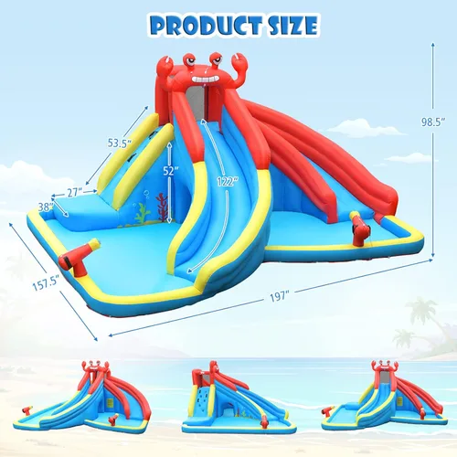 Miniatura 4 de BOUNTECH - Tobogán acuático inflable, parque acuático 7 en 1 para niños y adultos, diversión al aire libre con doble tobogán largo, soplador de 950