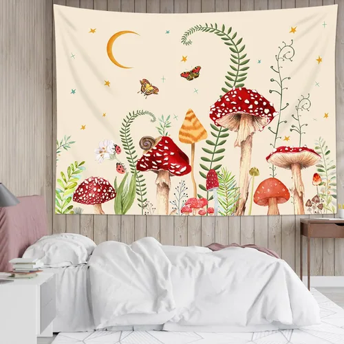 Miniatura 11 de LB Tapiz de hongos para colgar en la pared, luna y estrella en beige, tapiz de pared para dormitorio, estética de planta verde, arte de pared