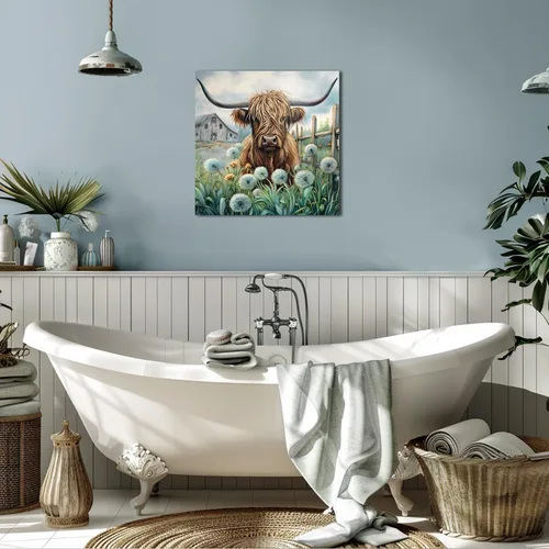 Miniatura 2 de YUEYARIT Decoración de pared de vaca de las tierras altas de granja en verde azulado y marrón: imagen rústica de vaca y diente de león, impresión