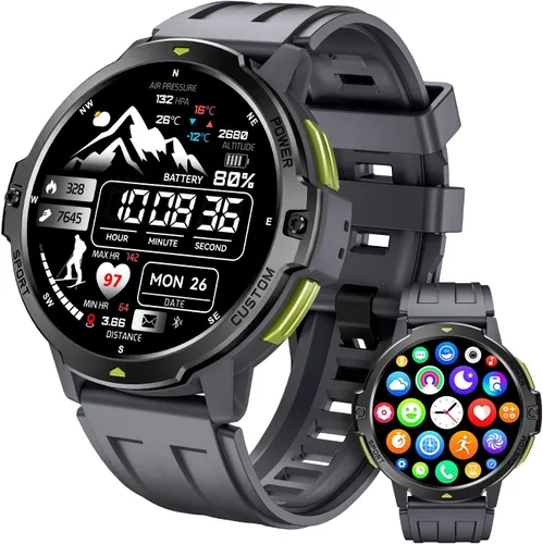 GPS Smart Watches for Men,580mAh/1.46'' Military Smart Watch,3ATM Waterproof Outdoor Men's Sport Watches with 100+ Sports,24/7 Sleep/Heart Rate Gray