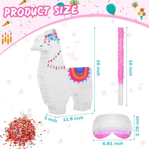Miniatura 2 de Wettarn Fiesta de piñata de llama para suministros de fiesta mexicana, incluye palo de piñata y venda, confeti para celebraciones de cumpleaños