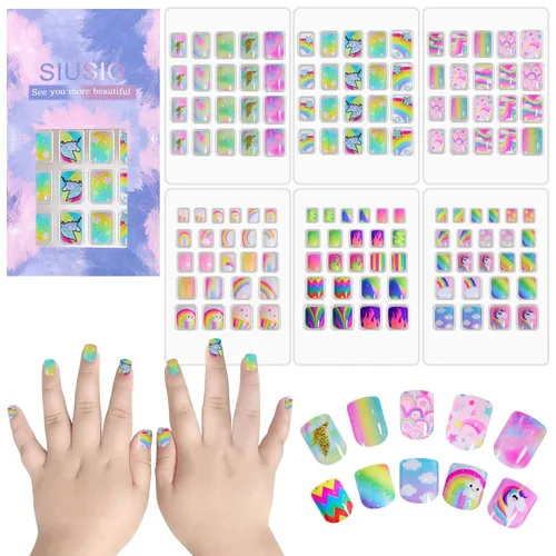 Miniatura 17 de 120 unidades de 5 uñas postizas acrílicas a presión para niños, lindo prepegamento de cubierta completa con purpurina, color degradado, arcoíris