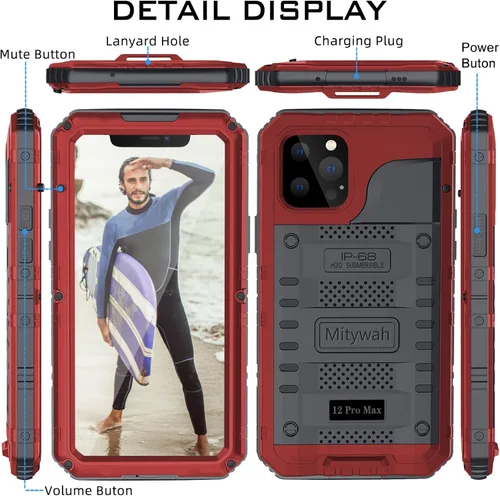 Miniatura 7 de Mitywah Funda impermeable para iPhone 12 Pro Max, funda de metal resistente de grado militar, protección de cuerpo completo, resistente, a prueba
