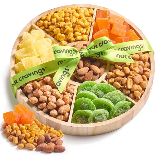 Miniatura 9 de NUT CRAVINGS - Cesta de regalo con arreglo floral de frutas secas navideñas en cesta de regalo de madera en forma de manzana + bandeja (9 surtido)