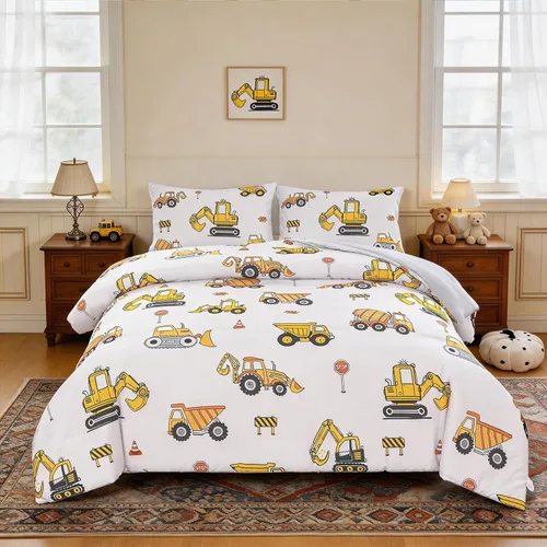 ZRNBAST Juego de ropa de cama individual para niños y niños, beige, con diseño de coches de dibujos animados, excavadora, tractor, juego de edredón
