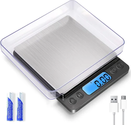 Pequeña báscula digital de gramos 1000g por 0.01g, báscula de alta precisión MEIYA para onzas y gramos de alimentos, actualización de carga USB Negro