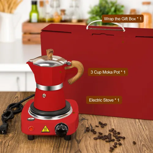 Miniatura 3 de Set de Cafetera Moka 2 en 1 con Estufa Eléctrica de 3 Tazas, Cafetera de Café de Aluminio para Cocina, Percolador Clásico Italiano para Café Mocha