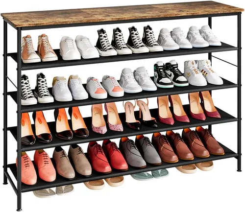 Miniatura 12 de INGIORDAR Organizador de zapatero de 4 niveles, estante organizador de metal con tablero MDF industrial y tela en capas para entrada, armario, Negro