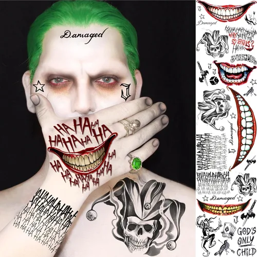 Miniatura 3 de EGMBGM 5 hojas de tatuajes temporales de Joker 3D para hombres, mujeres y adultos, kit de maquillaje de Halloween, payaso fantasma, sonrisa