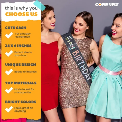 Miniatura 3 de CORRURE Banda con purpurina «It's My Birthday» con lámina multicolor – Banda de feliz cumpleaños con purpurina negra para mujeres – Suministros