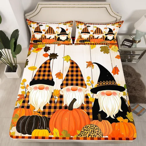 Miniatura 9 de Manfei Sábana bajera ajustable de calabaza otoñal, tamaño individual, juego de ropa de cama floral de hojas verdes, 2 piezas para decoración