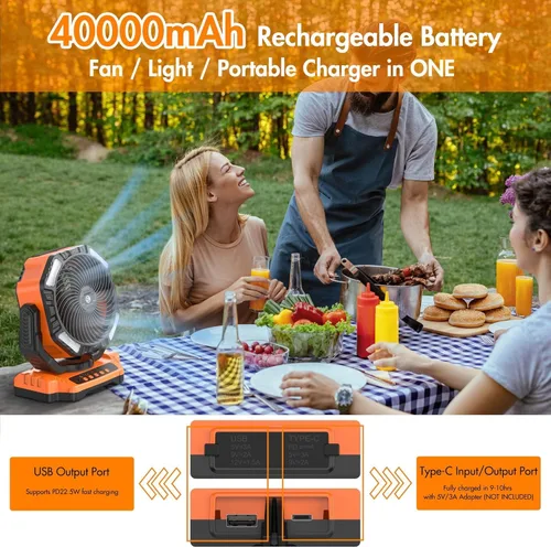 Miniatura 2 de 68HRS - Ventilador de campamento para correr con luz, batería recargable de 20000 mAh, potentes 4 velocidades y oscilación automática, con Naranja