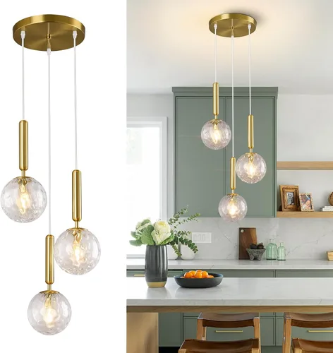 Lámpara colgante de globo de mediados de siglo con vidrio transparente para isla de cocina, moderna lámpara colgante con acabado dorado, iluminación