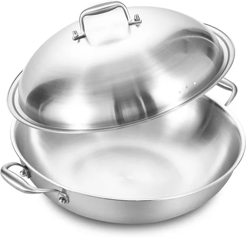 Miniatura 10 de LOLYKITCH Sartén wok de acero inoxidable de tres capas de 12 pulgadas con tapa, Kadai, olla de inducción de 5 cuartos de galón, apta