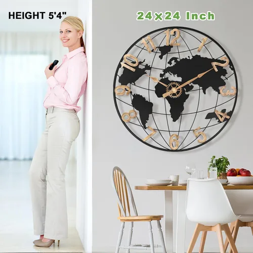 Miniatura 3 de Pytha Sight Reloj de pared grande de 24 pulgadas, reloj decorativo moderno y silencioso de metal con mapa mundial para decoración de sala de estar