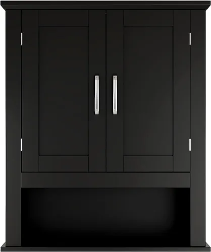 Miniatura 9 de VINGLI Armario de pared de baño, botiquín negro con estante abierto y 2 puertas, organizador de almacenamiento ajustable para colgar sobre