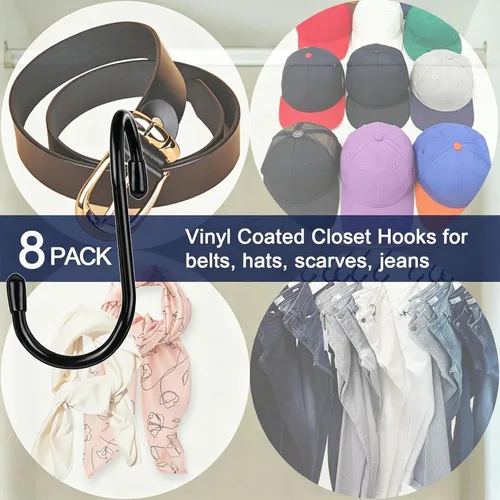 Miniatura 6 de HiGift Paquete de 8 ganchos negros para colgar bolsos para armario, con revestimiento de vinilo, ganchos negros para colgar bolsos, cinturones