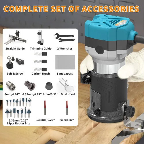 Miniatura 8 de Herramienta de enrutador TwoWin, Herramienta de enrutador de madera manual de 6.5 Amp 1.25 HP, Herramienta de enrutador de palma compacta