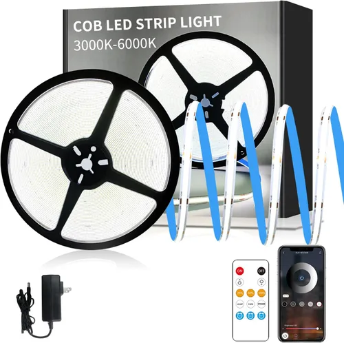 Miniatura 10 de Tira de luz LED COB de 32.8 pies, color blanco, regulable, CC de 24 V, 6000 K, cinta de luz LED flexible para dormitorio, con control remoto