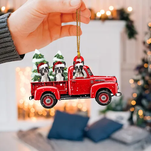 Miniatura 3 de Talataca Boston Terrier con camión rojo de Navidad, árbol de pino, regalo 2D plano para espejo retrovisor, accesorios para el árbol de Navidad