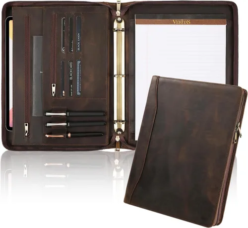 Miniatura 9 de Cartera de piel auténtica, carpeta de 3 anillas, organizador de padfolio de 11 x 14 pulgadas, carpeta profesional de negocios para hombres y mujeres