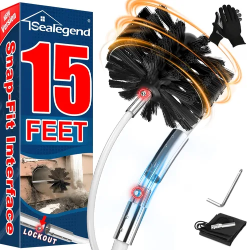 Sealegend - Kit de limpieza para tubo de ventilación de secadora de 15 pies/Removedor de pelusa/Cepillo flexible actualizado de enganche rápido con