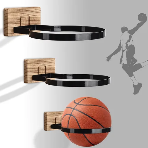 Miniatura 17 de Soporte de pared para baloncesto VIVTOB, soporte de pared para pelota de 7 pulgadas con base de madera maciza de nogal negro y anillo de metal