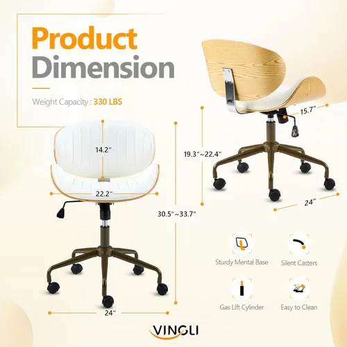 Miniatura 2 de VINGLI Silla giratoria de oficina en casa amplia y cómoda con carcasa curvada de grano de madera, silla de escritorio Ergomomic acolchada sin brazos