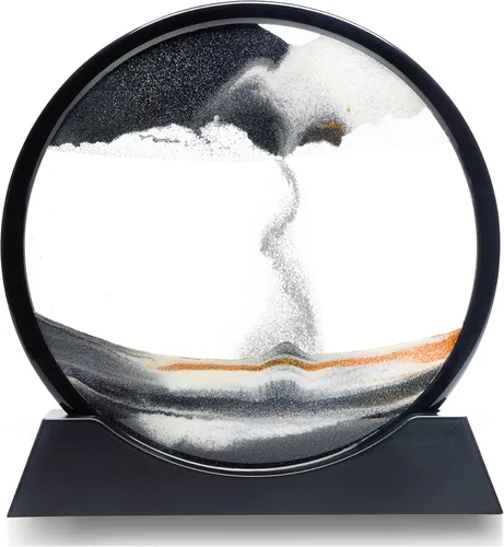 Atigrado Arte Zen grande de arena móvil de 12 pulgadas, marco de vidrio redondo grande con arena negra consciente, reloj de arena 3D de mar profundo