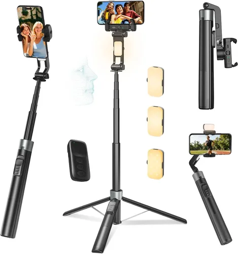 Trípode con palo de selfie de 71 pulgadas para iPhone/Android, trípodes de seguimiento automático facial con luz, estabilizador gimbal fuerte