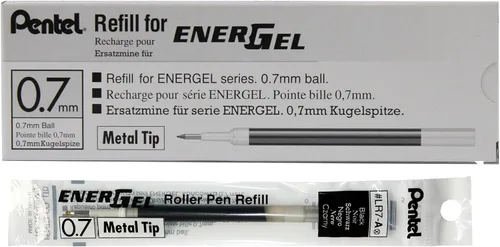 Pentel - Tinta de recarga para bolígrafo de gel líquido EnerGel, (0.7mm), punta de metal, tinta negra, caja de 12 (LR7-A)