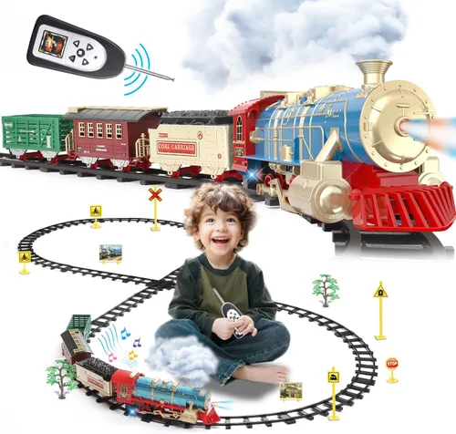JQ JUQU Juego de tren de control remoto para niños de 3 a 8 años, tren de juguete eléctrico con vapor, luces y sonidos, incluye 17 pistas y batería