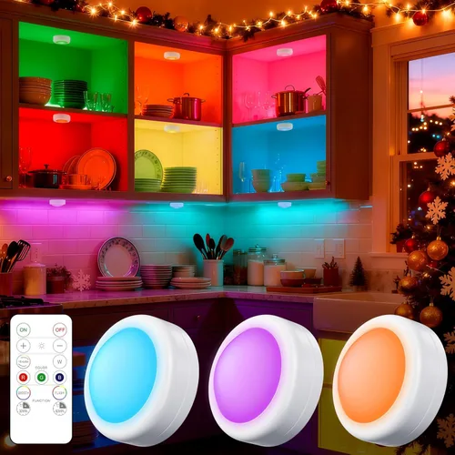 Miniatura 13 de Yiliaw - Paquete de 6 luces LED de disco con control remoto, 16 colores cambiables, iluminación LED debajo del gabinete, luces operadas por Negro