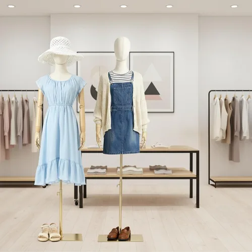 Miniatura 2 de Maniquí Femenino Forma de Vestido Torso, Cuerpo de Maniquí de Exhibición con Cabeza Desmontable, Manos de Madera y Soporte Dorado de Altura