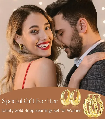 Miniatura 3 de Adoyi - Juego de aretes de oro para mujeres, aretes trenzados de oro, chapados en 14 quilates, para niñas, como regalo.