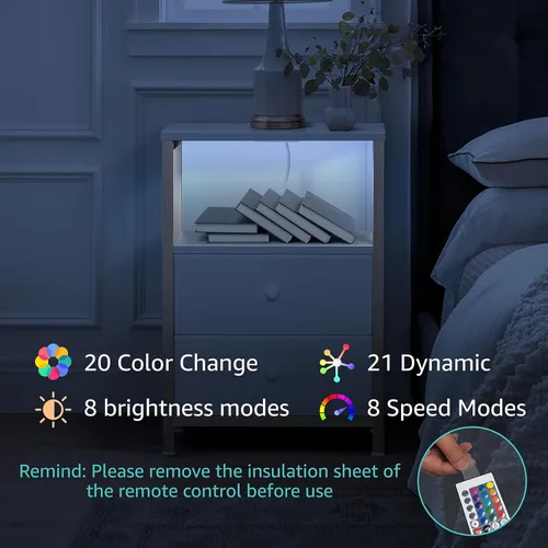 Miniatura 71 de BOLUO Mesita de noche blanca con estación de carga, mesa de noche LED con 2 cajones de tela, mesa auxiliar con puertos USB y tomas de corriente