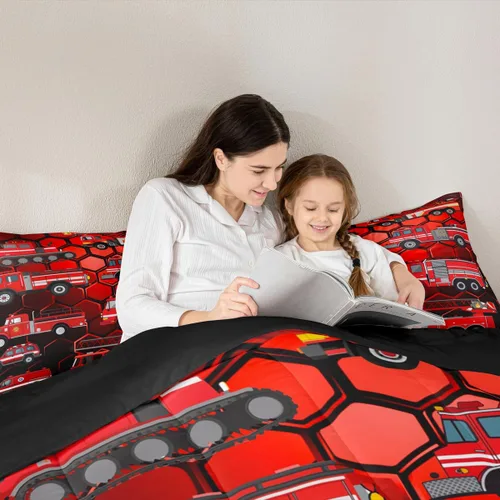 Miniatura 5 de Erosebridal Juego de edredón de camión de bomberos para niños, juego de ropa de cama de panal rojo brillante con diseño de panal de abeja