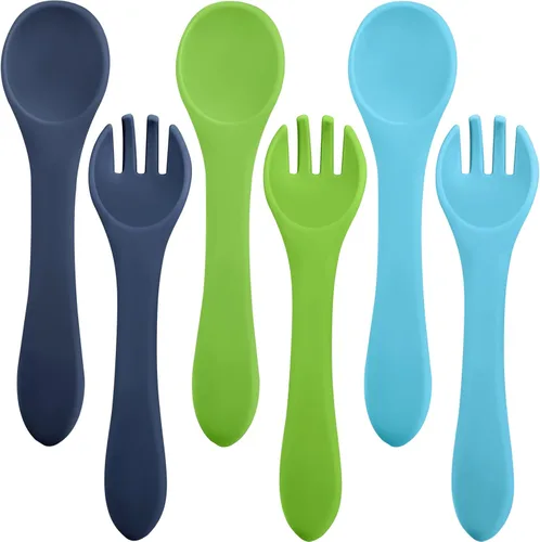 Miniatura 11 de Nuenen Juego de 6 tenedores y cucharas de silicona para bebés, suministros de autoalimentación para primera etapa, mini utensilios para niños