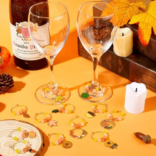 Miniatura 4 de SUNNYCLUE 1 caja de 12 dijes de copa de vino, bola de cristal dorada, etiqueta de victoria, identificación de bebidas de otoño para reunión, boda