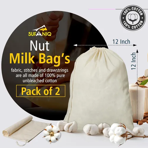 Miniatura 2 de SUFANIQ - Bolsa de leche de nueces, 2 bolsas (12 x 12 pulgadas), bolsa de tela de queso 100% algodón sin blanquear para colar, bolsa de leche