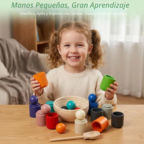 Miniatura 5 de Juguetes Montessori de bolas arcoíris en vasos para niños de 3 años, juegos de madera de preescolar para niños pequeños, juegos de aprendizaje