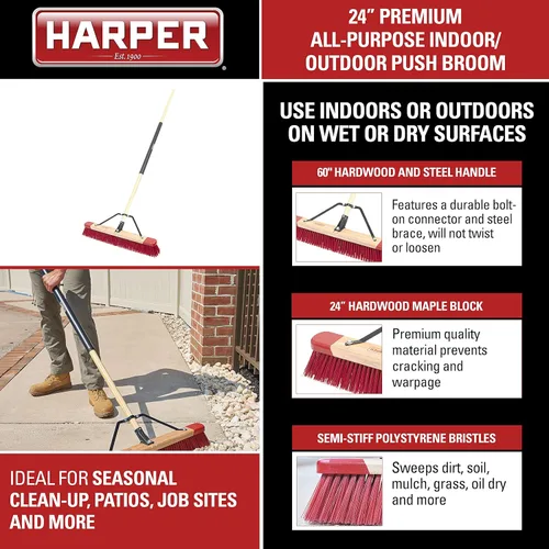 Miniatura 2 de Harper Escoba de empuje multiusos de 24 pulgadas para interiores y exteriores, húmedo/seco, tierra, mantillo multiusos con cerdas semistiff, hierba