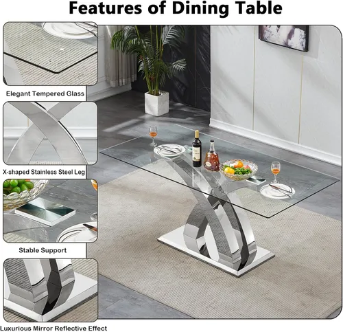 Miniatura 5 de Juego de mesa de comedor de cristal plateado moderno de 70 pulgadas para 4, juego de mesa de comedor rectangular de 5 piezas con patas de acero