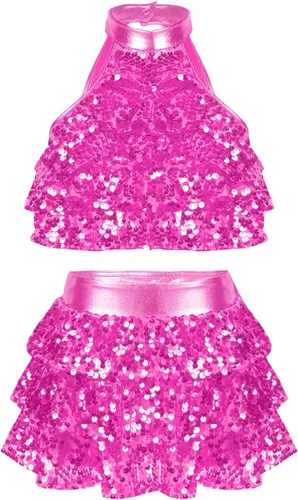 Miniatura 6 de JEATHA Top corto con borlas y lentejuelas brillantes para niñas, con minifalda, jazz latino, salsa, samba, rumba, baile