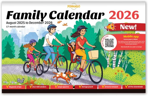 POMANGO Calendario familiar 2026 en inglés | Planificador familiar de 17 meses: agosto de 2025 a diciembre de 2026 | 15 x 19 pulgadas - Tira