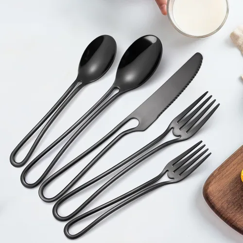 Miniatura 7 de Juego de cubiertos huecos de color negro de 20 piezas de acero inoxidable para 4, cubiertos colgantes, tenedores, cucharas y cuchillos, utensilios