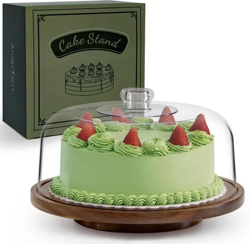 Miniatura 7 de ANBOXIT Soporte para pasteles con tapa de cúpula, plato de madera de acacia con tapa, soporte de exhibición de pastel de madera con cúpula acrílica