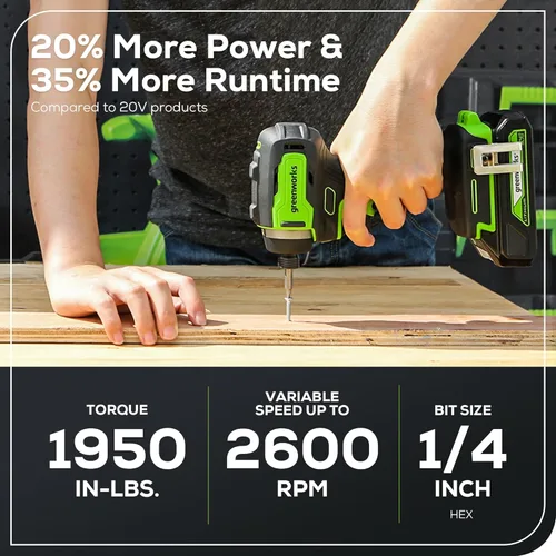 Miniatura 4 de Greenworks - Taladro de impacto sin escobillas de 24 V de 1/4 pulg. inalámbrico, (2) baterías de 2.0 Ah, cargador compacto y bolsa incluidos