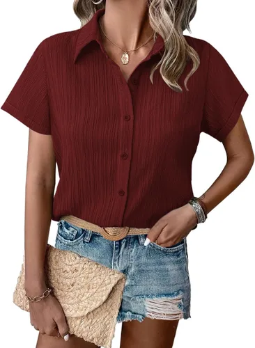 Miniatura 9 de HOTOUCH Camisa de vestir de manga corta con botones para mujer, cuello en V, con botones, para verano, con textura, para el trabajo